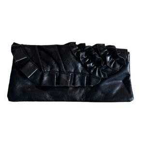 Black Faux Leather Clutch Ruffle – Evening Bag / Date Night Purse Handbag